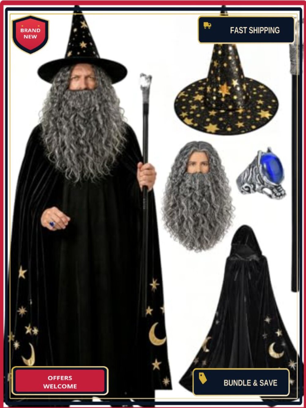 Men's Wizard Costume Set Celestial Cape Hat Wig Beard Ring Wand Adult Halloween